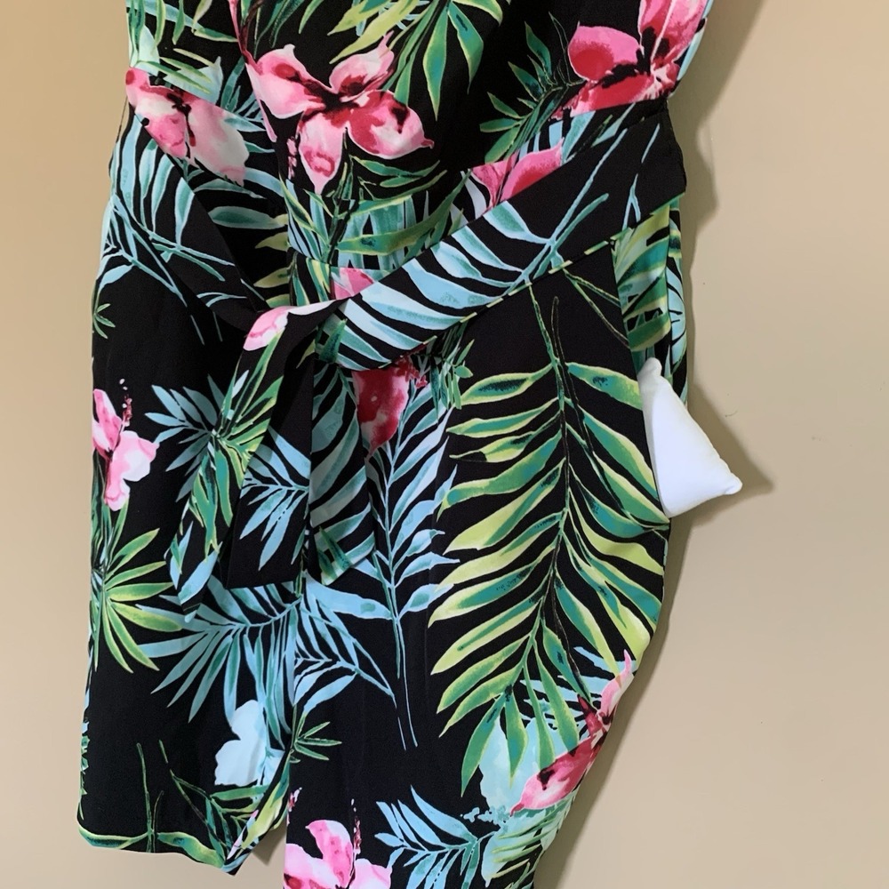 New York & Company tropical strapless romper black floral pattern Tie Belt SZ-XL - Picture 3 of 14